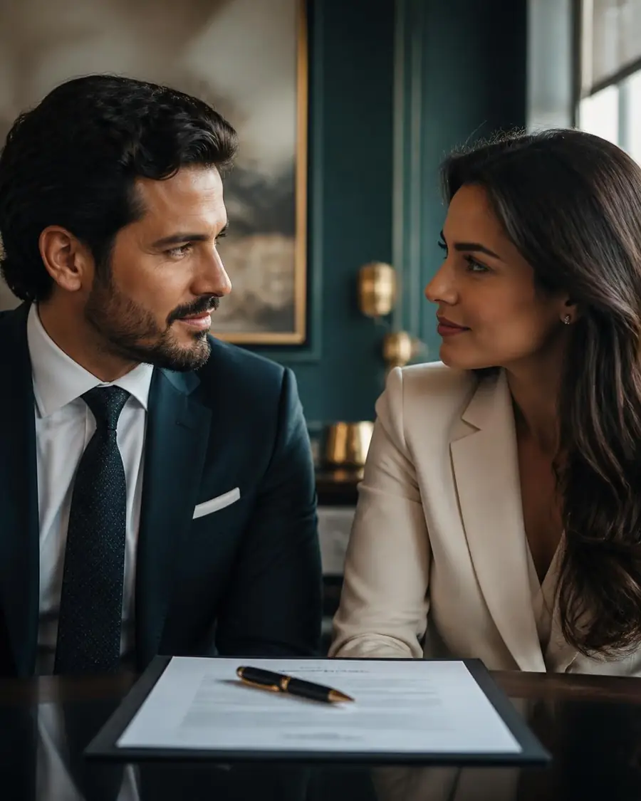 Dois executivos de negócios sorrindo em celebração de um acordo fechado em um escritório moderno.